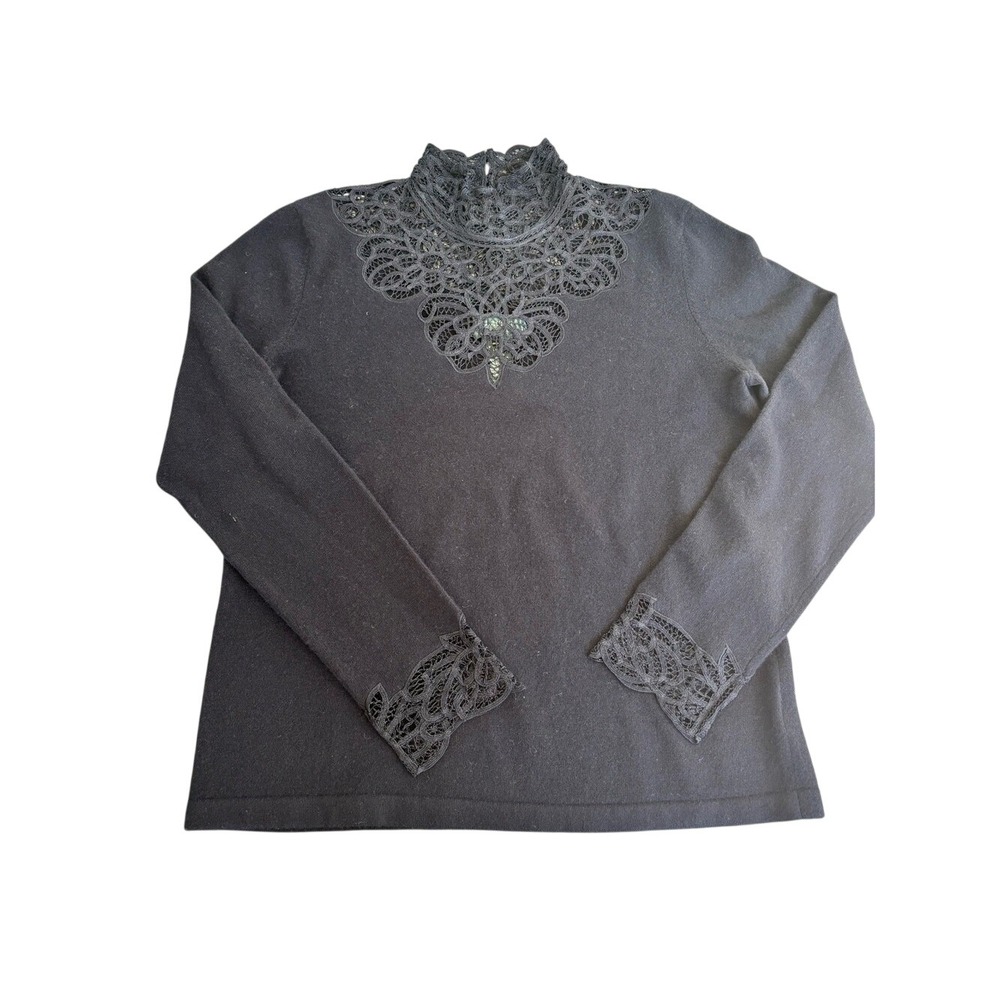 Lauren Ralph Lauren Black Merino Wool Cashmere Blend Lace Mock Neck Yoke Medium